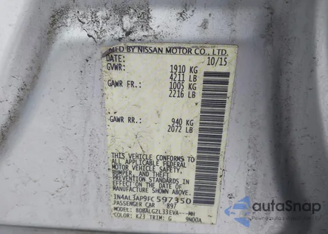 2015 Nissan Altima 2.5 S из США, поврежденный, VIN 1N4AL3AP9FC597350